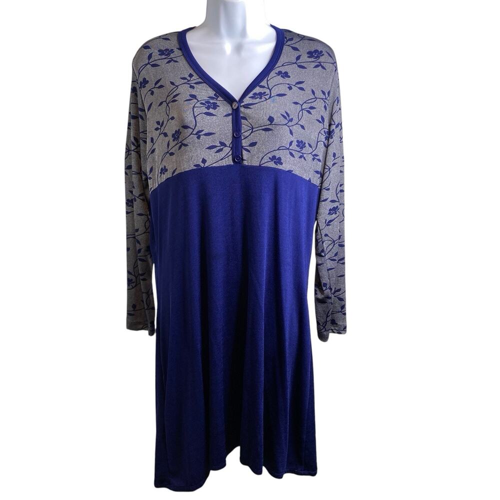 Vintage Carolyn Strauss Women's Blue Floral Henley Dress Size L Retro Boho Lagom